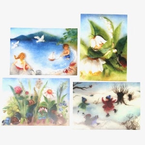 Set di cartoline illustrate in lana 2 / immagine / cartolina / Waldorf / stagione / tavolo natura / passeggiata con lanterna / mughetto / Sertori-Kopp