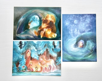 Winter Postkarten Set 3 / Jahreszeitentisch / Waldorf / Winter / schnee