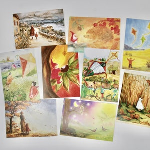 Einzel Postkarten Herbst 2 Drachensteigen / Jahreszeitentisch / Waldorf / Drachensteigen / Schmetterlinge