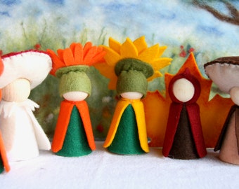 Fiori autunnali Peg Dolls XXL / Foglia d'autunno, girasole, zucca, calendula / Stagioni / Agarico di mosca / Waldorf / Tavola stagionale