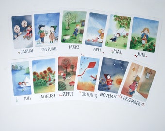 Postcard 12 set by Stefanie Messing / Monthly postcards / picture / postcard /  Waldorf / season / nature table / season table