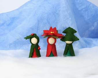 Set invernale 2. Ilex, poinsettia, abete Flower doll Waldorf Inspired natural Table Peg doll