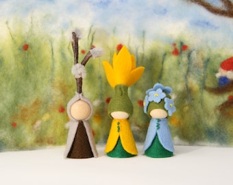 Primavera 3. Set Crocus, salice, forget-me-not / Flower doll Waldorf Inspired natural Table peg doll