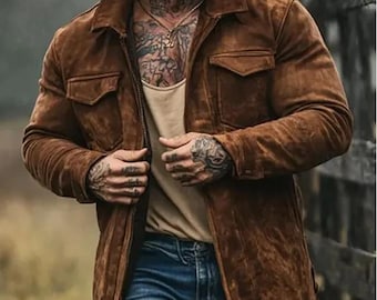 Men’s Handmade Genuine Suede Leather Coat Brown Vintage Western Jacket.