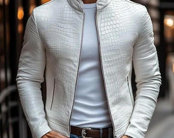 Men’s White Crocodile-Embossed Leather Jacket | Slim Fit Moto Style Biker Jacket | Stylish Streetwear Outerwear.