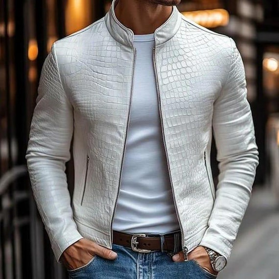 Men’s White Crocodile-Embossed Leather Jacket | Slim Fit Moto Style Biker Jacket | Stylish Streetwear Outerwear.