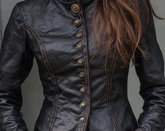Handmade Women's Vintage Black Real Lambskin Leather Jacket Steampunk Military Jacket.