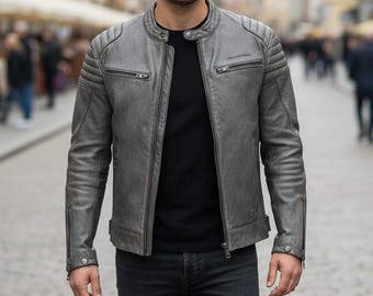 Blouson motard pour homme gris en cuir d'agneau véritable, fait main, coupe slim vintage style moto.