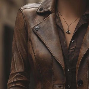 May include: A brown leather jacket with a notched collar and button fastening. The jacket has a tailored fit and a vintage, distressed appearance. A brown button-down shirt is visible beneath the jacket. A gold necklace with a pendant is also visible.