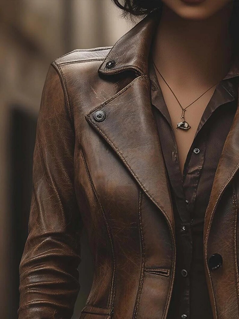 May include: A brown leather jacket with a notched collar and button fastening. The jacket has a tailored fit and a vintage, distressed appearance. A brown button-down shirt is visible beneath the jacket. A gold necklace with a pendant is also visible.