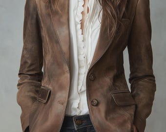 Handgemaakte blazer van verweerd schapenleer: retro westernjack voor dames