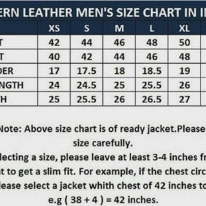 Peut inclure: Tableau des tailles pour vestes en cuir western, indiquant les mesures de poitrine, taille, &eacute;paules, longueur des manches et longueur en pouces. Tailles de XS &agrave; XXXL. Instructions pour choisir la taille pour une coupe ajust&eacute;e.