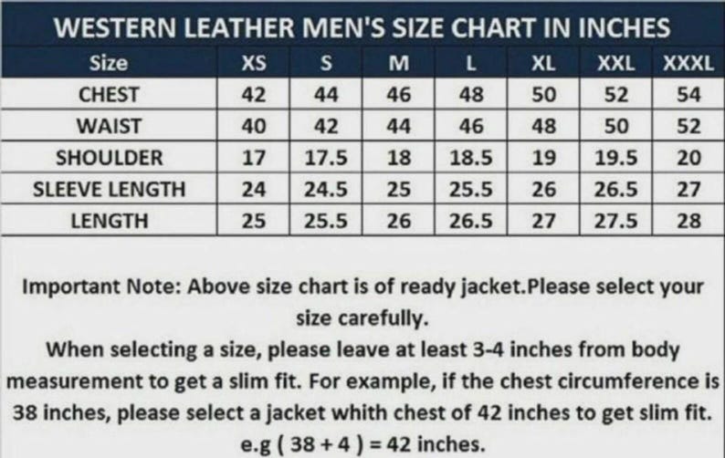 Peut inclure: Tableau des tailles pour vestes en cuir western, indiquant les mesures de poitrine, taille, &eacute;paules, longueur des manches et longueur en pouces. Tailles de XS &agrave; XXXL. Instructions pour choisir la taille pour une coupe ajust&eacute;e.