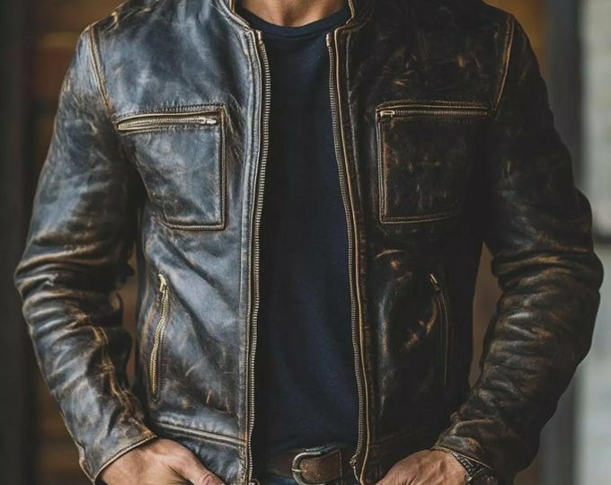Men’s Handmade Brown Distressed Vintage Real Leather Biker Jacket – Retro Café Racer Motorcycle Jacket.