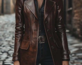 Handmade Women's Vintage Brown Distressed Real Leather Long Jacket Coat For Winter.