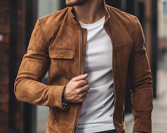Men's Tan Suede Leather Bomber Jacket: Slim Fit Vintage Western Outerwear