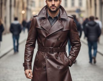 Op de afbeelding: Een bruine leren trenchcoat met een dubbelborst ontwerp, een riem en een brede kraag. De jas heeft knoopsluitingen en zakken. De persoon staat op een geplaveide straat.