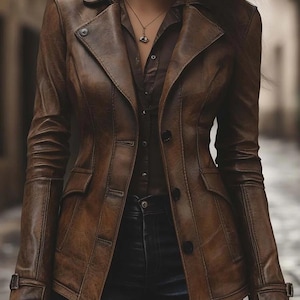 May include: A brown leather jacket with a classic design. The jacket features a notched collar, button closures, and pockets. The jacket is worn over a dark brown button-down shirt and dark blue jeans. A gold necklace is visible.