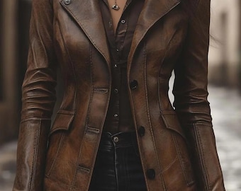 Handmade Vintage Style Brown Real Leather Blazer Fitted Distressed Jacket For Women.