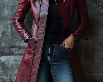 Handmade Vintage Distressed Burgundy Lambskin Leather Coat Women’s Long Genuine Leather Trench Jacket.