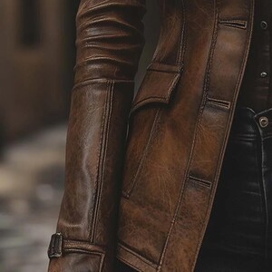 May include: A brown leather jacket with a classic design. The jacket has a notched collar, two front pockets, and button closures. The sleeves have a cuff detail with a buckle. The leather has a distressed appearance.