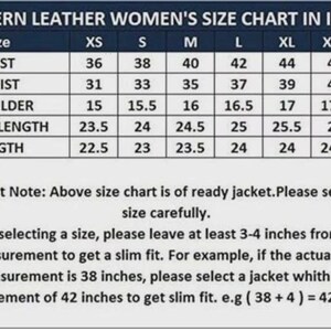 May include: A size chart for western leather jackets, with measurements in inches. Includes bust, waist, shoulder, sleeve length, and length for sizes XS to XXXL. The chart also provides instructions for selecting the correct size.