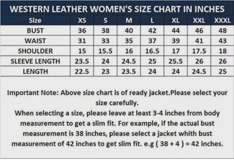 May include: A size chart for western leather jackets, with measurements in inches. Includes bust, waist, shoulder, sleeve length, and length for sizes XS to XXXL. The chart also provides instructions for selecting the correct size.