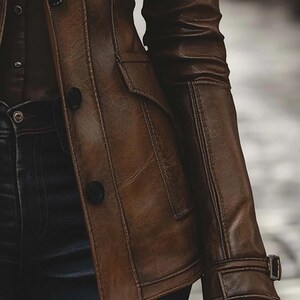 May include: A brown leather jacket with a classic design. The jacket has a button-up front, a small pocket, and a buckle detail on the sleeve. The jacket is worn with dark blue jeans.