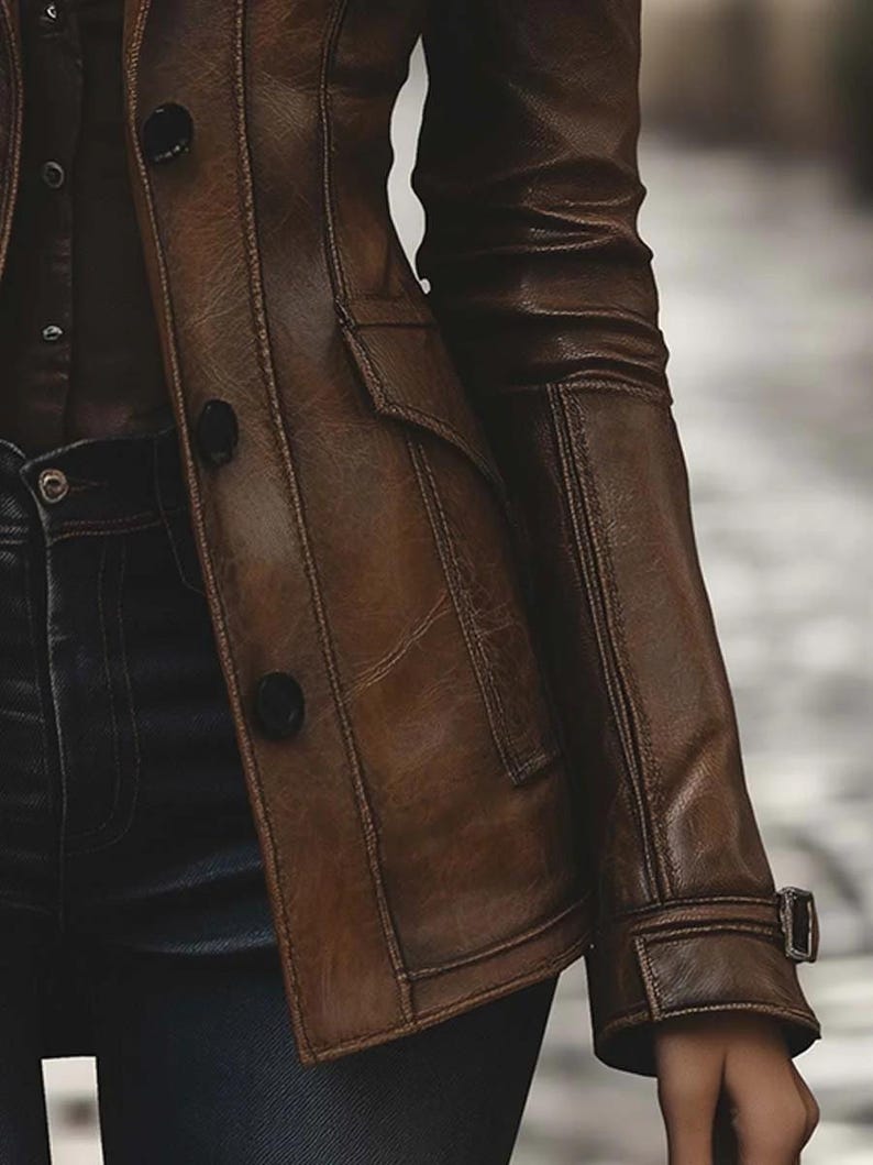 May include: A brown leather jacket with a classic design. The jacket has a button-up front, a small pocket, and a buckle detail on the sleeve. The jacket is worn with dark blue jeans.