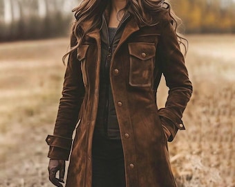 Women’s Dark Brown Real Suede Leather Coat Handmade Long Vintage Trench Jacket with Pockets.
