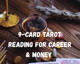 May include: A still life arrangement featuring a lit candle, a small pot with rising smoke, and scattered crystals. The text reads "9-CARD TAROT READING FOR CAREER & MONEY" with tarot cards in the foreground. The scene is set on a wooden surface.