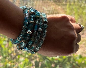 Handmade Blue Crystal Bracelet Stack, Turquoise Beaded Jewelry, Boho Stretch, Ocean Inspired Gift