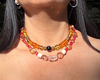 Amber and Pink Glass Bead Necklace, Handmade Double Layer Choker, Boho Chic Jewelry.