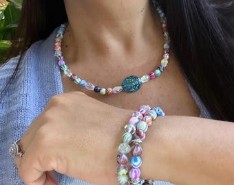 Colorful Boho Glass Bead Necklace and Bracelet Set, Multicolored Beaded Jewelry for Women