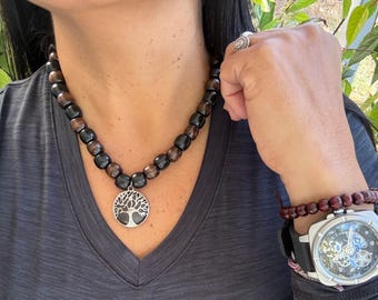 Tree of Life Necklace, Dark Wood Bead Choker, Boho Spiritual Jewelry, Nature Inspired gift.