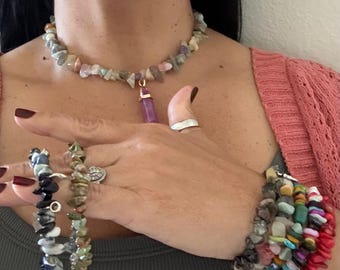 Boho Natural Stone Jewelry | Choker Necklace with Multicolored Chips and Amethyst Charm | Spiritual Gift
