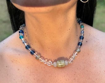 Beaded choker necklace, Handmade Jewelry, with Ocean Colors: Blue, Teal and Crystal
