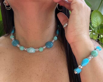 Turquoise and Blue Stone Necklace and Bracelet Set, Boho Beaded Choker, Handmade Jewelry