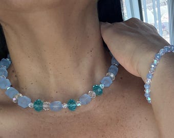 Pastel Blue Necklace and Bracelet Set, Frosted Glass and Periwinkle Crystal Jewelry