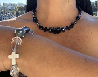 Jewelry Set • Beaded Necklace & Bracelet • Black Beads with Cross Charms