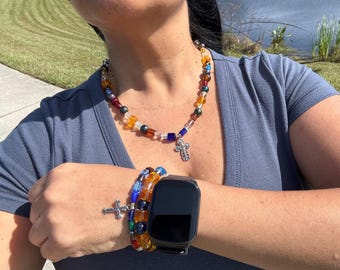Religious Jewelry Set of Colorful Beads - Necklace and Bracelet with Cross.