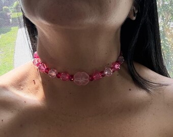 Handmade Y2K Pink Glass Flower Choker, Beaded Necklace, Gift for Her