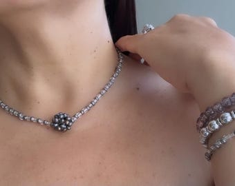 Handmade Beaded Necklace with Cluster Charm, Silver Tone Stackable Bracelets, Gray Glass Bead Jewelry