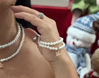 Pearl Necklace and Bracelet Set with Starfish Charm - Coastal Beach Style Jewelry