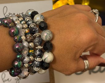 Iridescent and Silver Stackable Bracelets | Speckled, Star, and Faceted Beads.