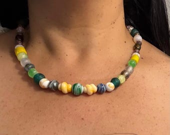 Mixed Color Glass Bead Choker, Artisan Handcrafted Colorful Stone Necklace, Summer Beach Style Jewelry
