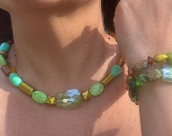 Boho Green and Turquoise Beaded Necklace and Bracelet Set, Chunky Summer Jewelry