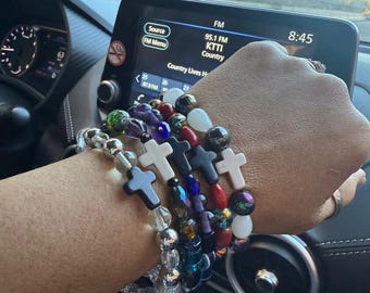 Colorful Handmade Beaded Wrap Bracelet with Cross Charms – Multicolor Stretch Bracelet – Spiritual Gift Jewelry