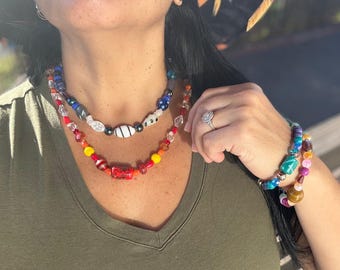 Recycled Glass Jewelry Set, Large Colorful Beads, Necklace and Bracelet Handmade