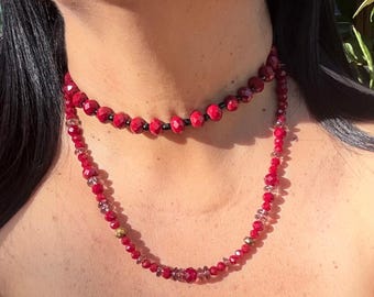 Set of 2 Individual Red Beaded Necklaces, Faceted Glass Choker and Layering Jewelry.